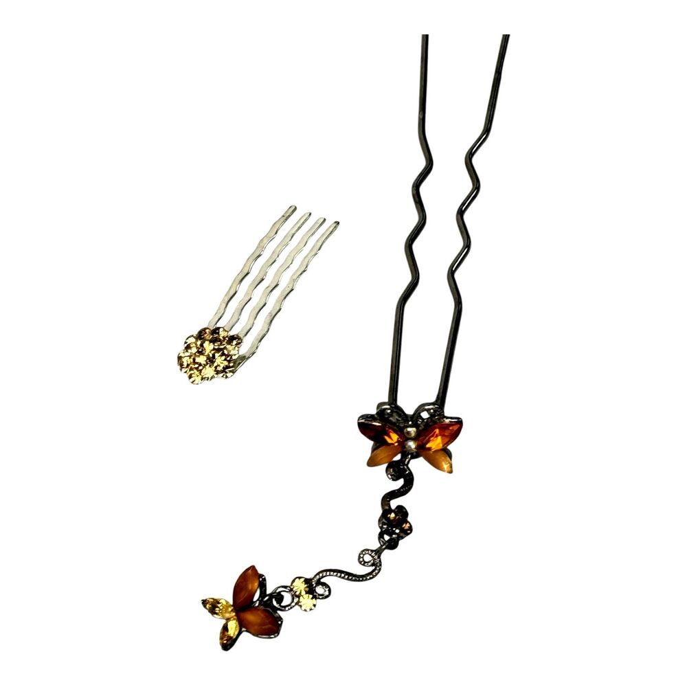 Hair Pin Stick Brown Aurora Crystal Butterfly Dangle Silvertone 2Ps Set
